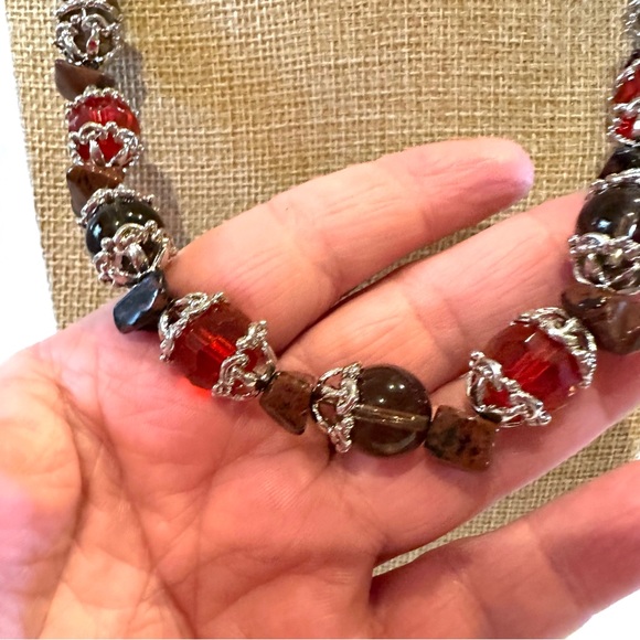 Genuine Gemstone & Glass Bead Necklace- silver tone w/ tigers eye / red & gray - Picture 4 of 10